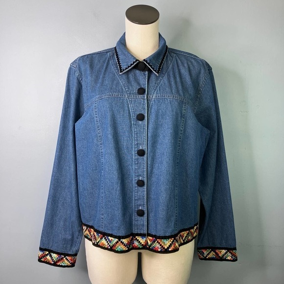 Vtg Gotcha Covered Denim Button Up Shacket Colorful Geometric Embroidered Size L - Picture 1 of 16